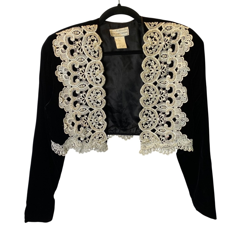 Jessica McClintock Velvet Lace Bolero Jacket Women Medium Pearl Vintage 90s